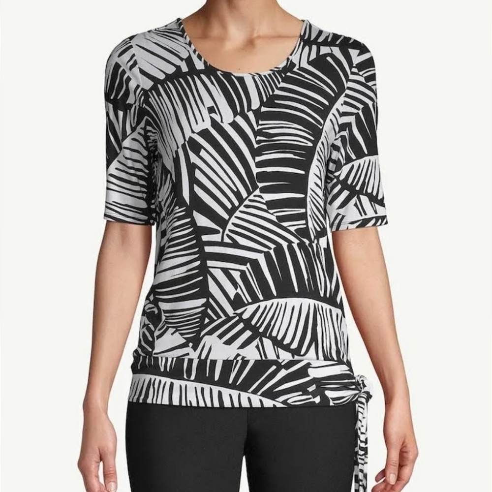 NWT Chico's Knit Top Palm Print Topper Size 2 (L) Black/White Side Tie Stretchy